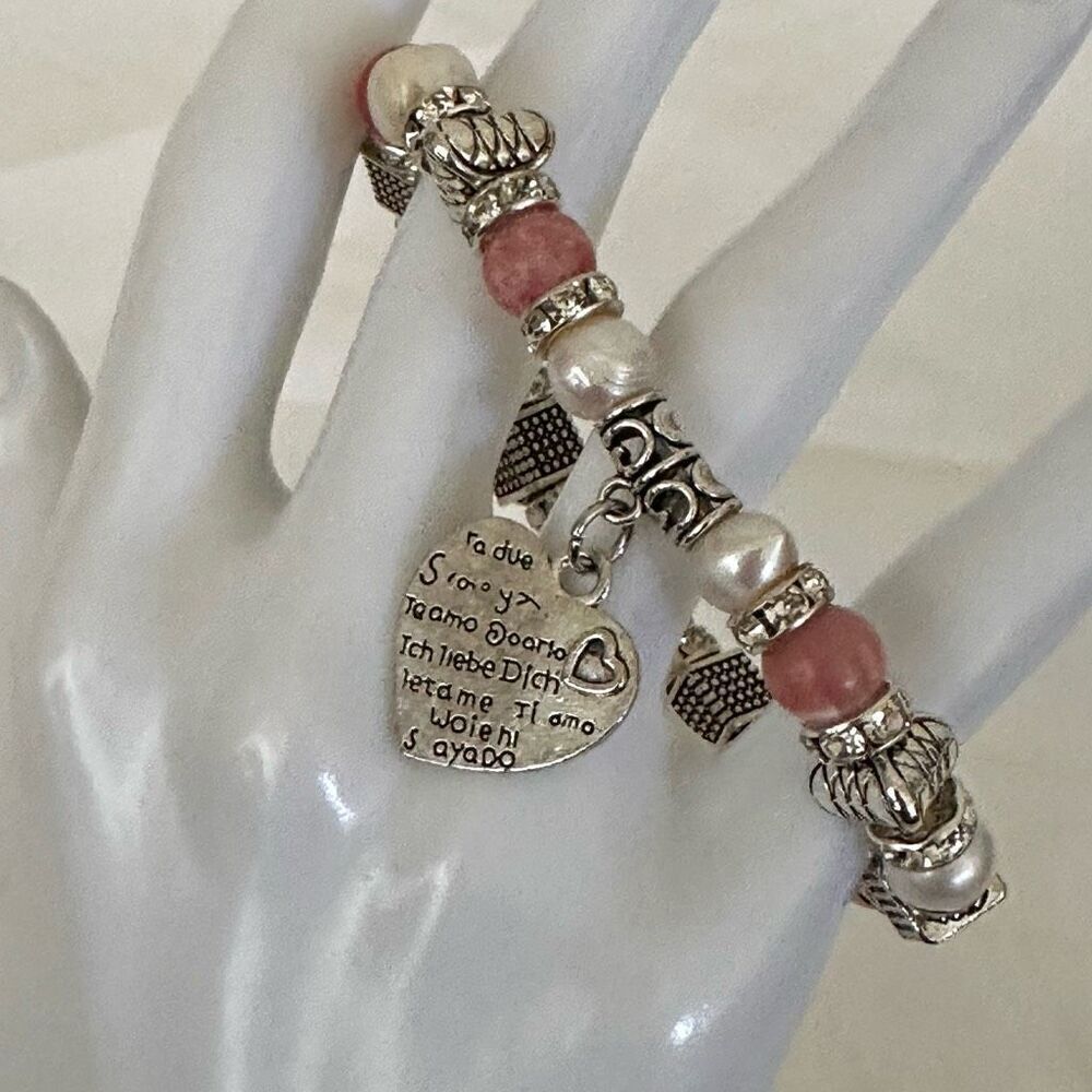 Pearl pink rhinestone heart charm bracelet
